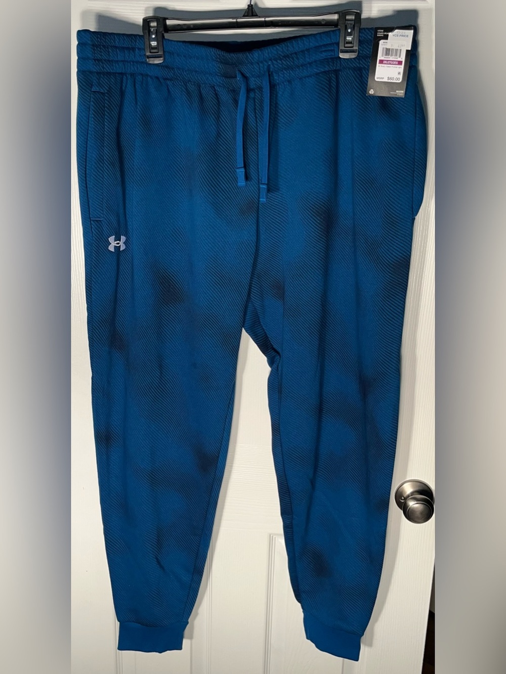 $60 NWT Under Armour 2XL Men's UA Rival Fleece Printed Joggers Cotton Blend Blue
